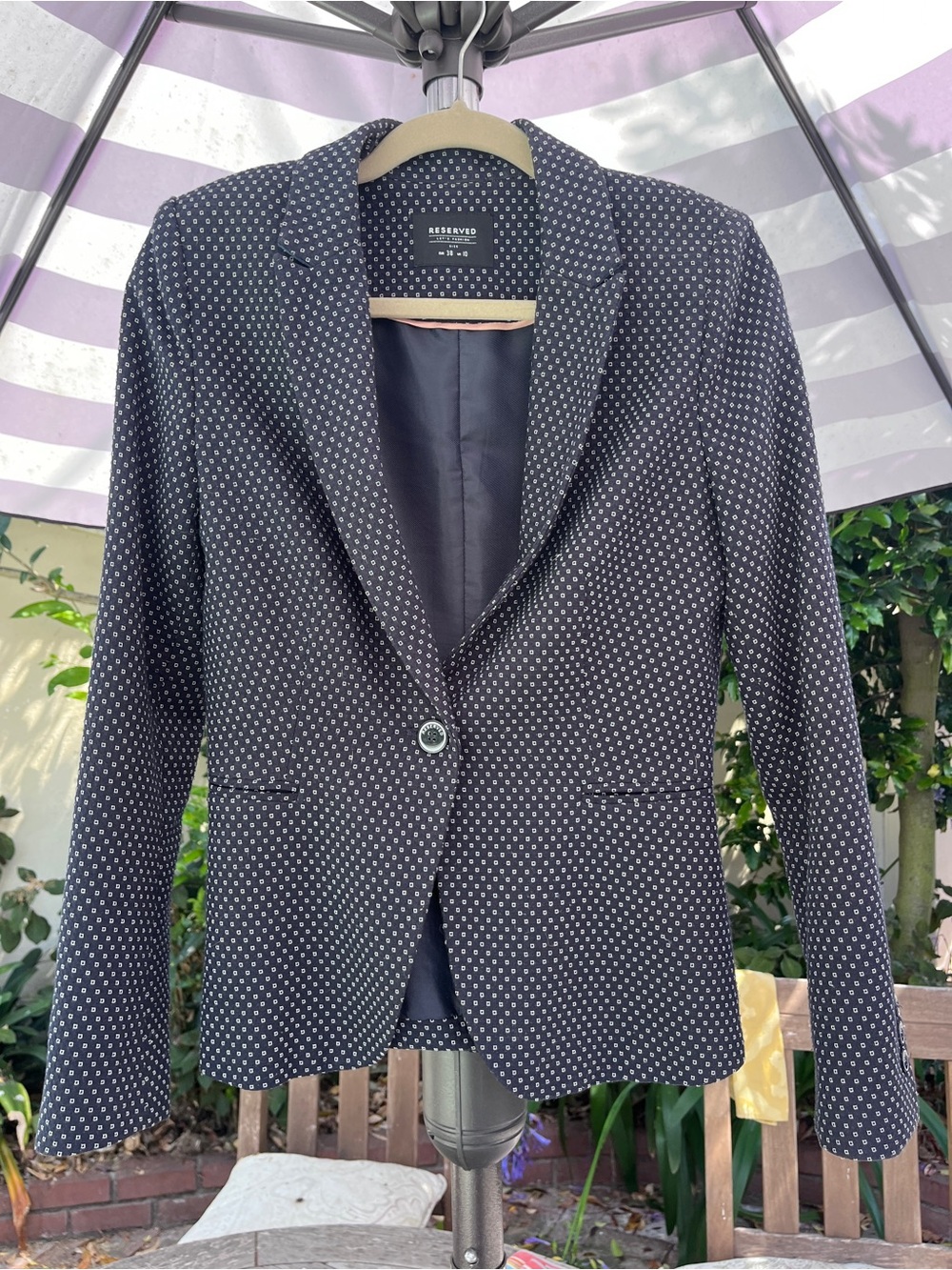 Reserved Navy pique Blazer with White square Print EU 38, 36” chest